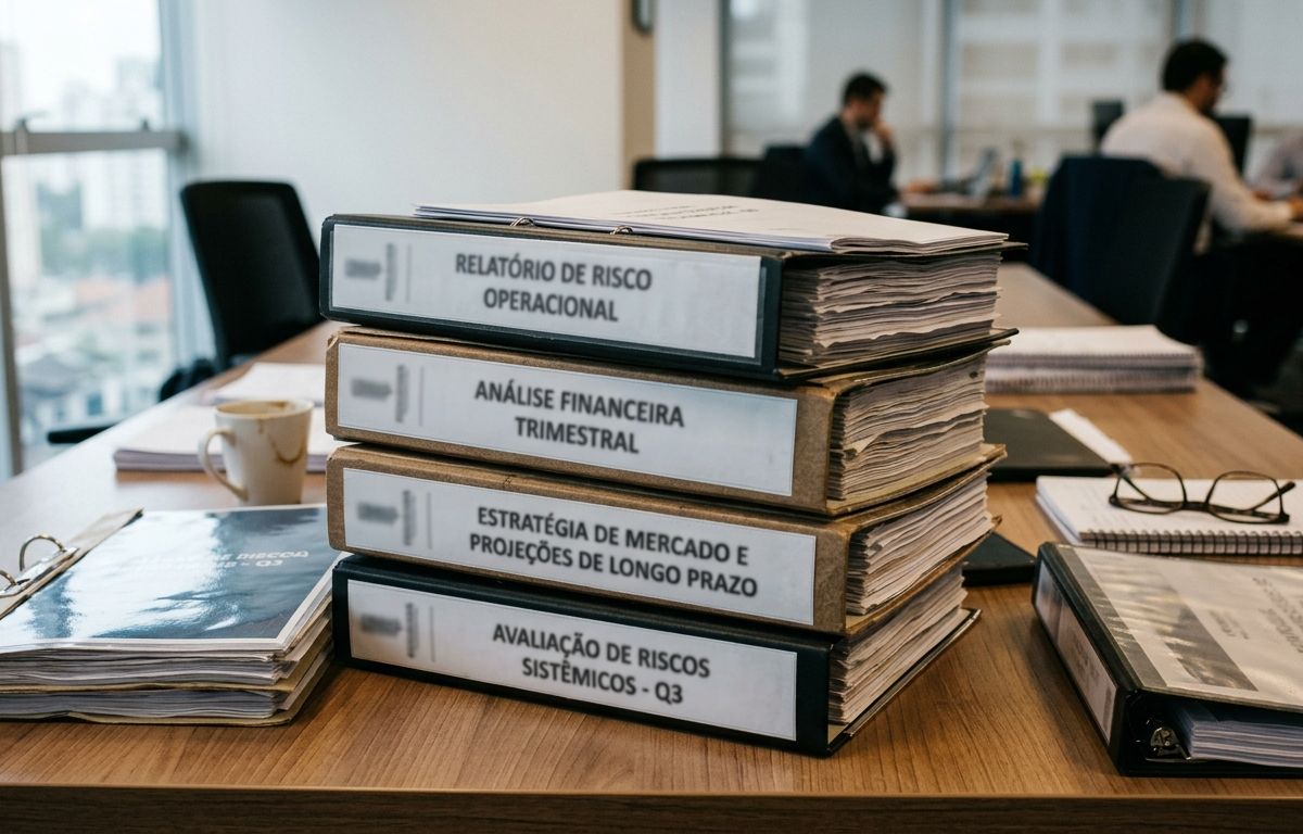 Pilha de relatórios corporativos e pastas de documentos sobre mesa de escritório iluminada por luz natural suave ao fundo.