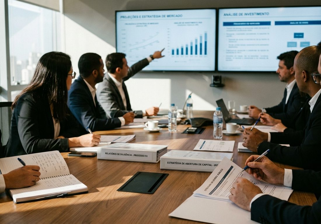 Profissionais em trajes corporativos sentados ao redor de uma mesa de reunião clara, observando monitores e papéis desfocados com dados financeiros e projeções.