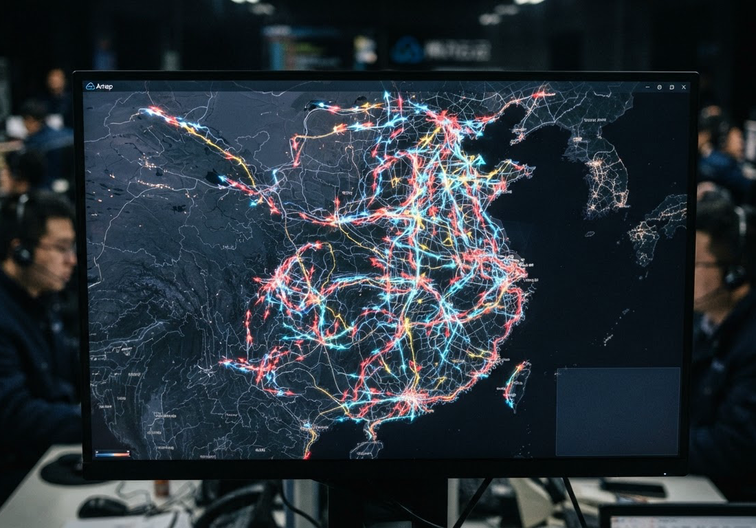 Dezenas de setas luminosas percorrem simultaneamente um mapa digital, explorando rotas e caminhos da interface em representação editorial de agentes autônomos operando fora de controle