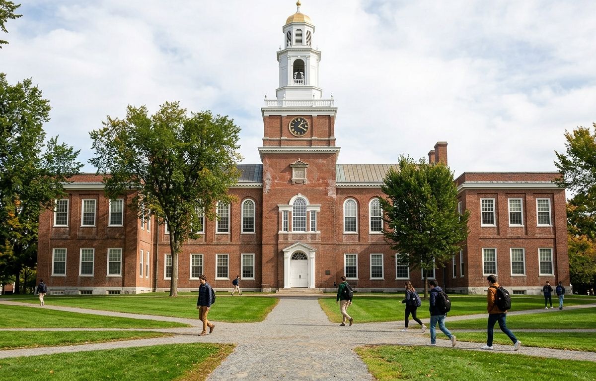 Fachada histórica em tijolos vermelhos e torre branca do Dartmouth College sob a luz do dia, emoldurada por árvores e um amplo gramado verde.