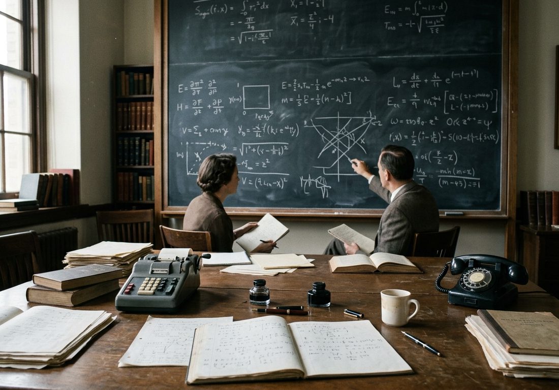 Sala de estudos acadêmica de meados do século vinte com quadro-negro coberto de fórmulas manuscritas e mesa de madeira repleta de cadernos e folhas soltas sob iluminação natural.