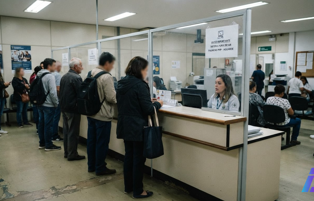 Pessoas em fila diante de um balcão de atendimento de repartição pública, com uma folha impressa afixada no vidro e iluminação fria fluorescente