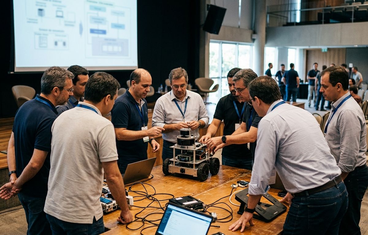 Especialistas e engenheiros conversam em auditório corporativo iluminado, observando protótipo robótico e esquemas técnicos projetados ao fundo
