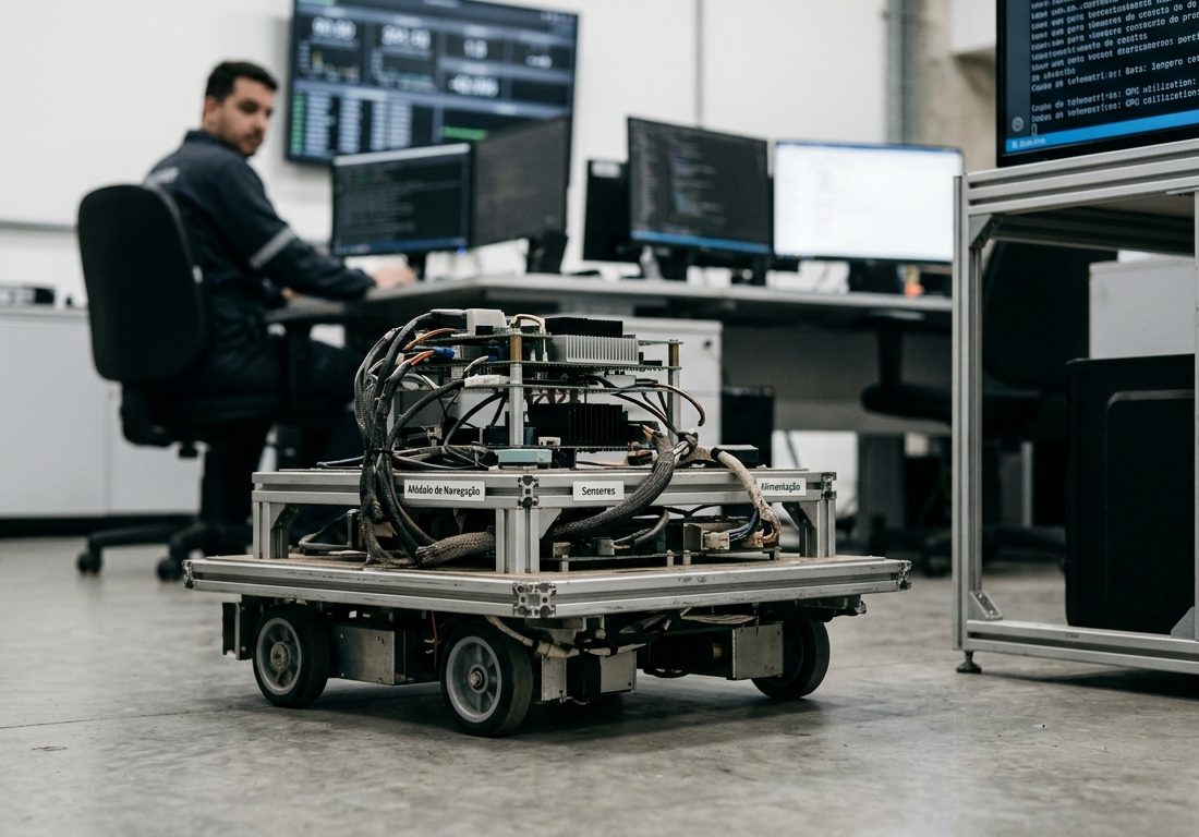 Equipamento de robótica autônoma com sensores ópticos e módulos de processamento integrado se deslocando pelo piso técnico de um centro de operações industriais, com luz ambiente difusa e gabinetes de servidores ao fundo fora de foco.