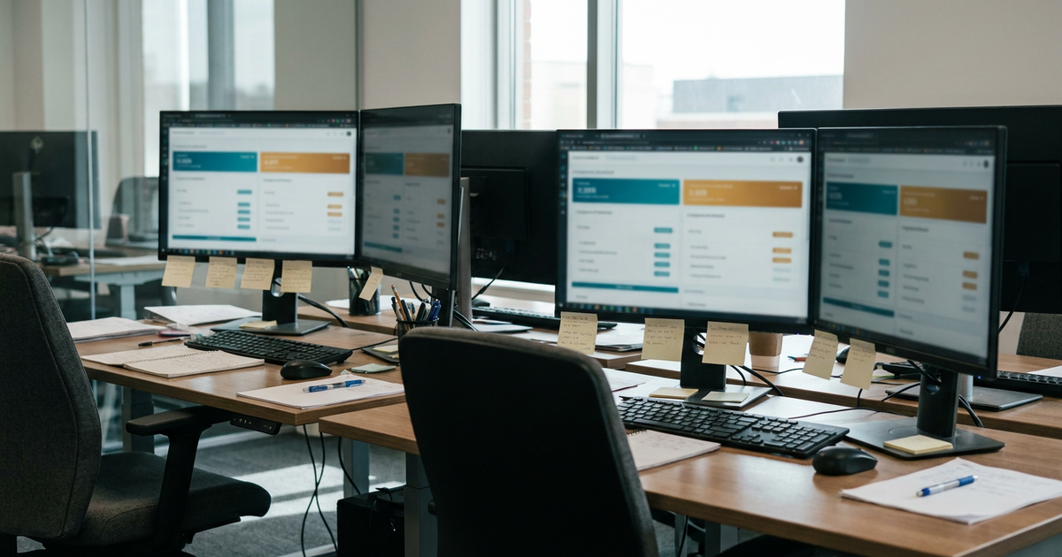 Duas estações de trabalho lado a lado em um escritório de tecnologia, com monitores exibindo painéis de comparação de modelos e anotações em papel sobre a mesa