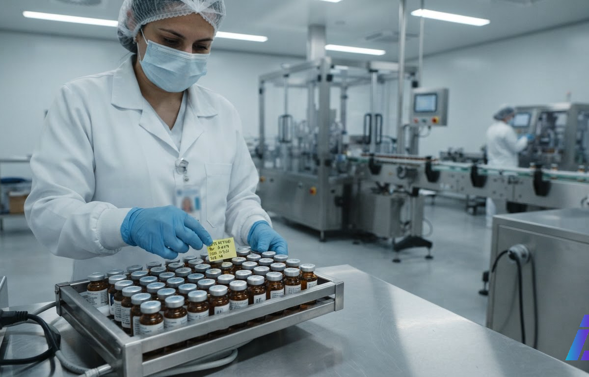 Técnica farmacêutica de luvas e jaleco confere a etiqueta de lote retido em uma bandeja de frascos de medicamento experimental, com uma linha de envase parada ao fundo sob luz fria industrial