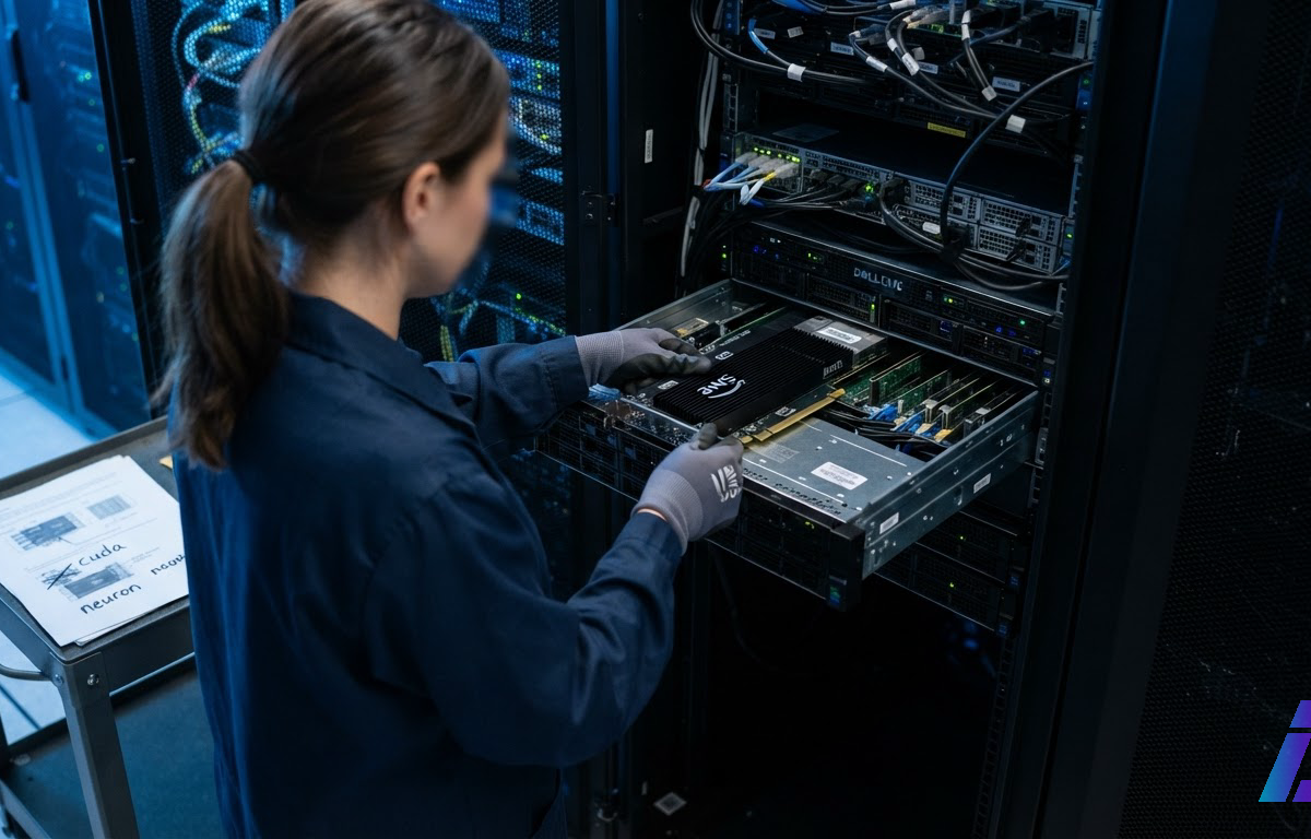 Engenheira encaixa uma placa com chip em um servidor aberto sob luz lateral fria; ao lado, uma folha impressa tem a palavra cuda riscada e neuron escrita à mão