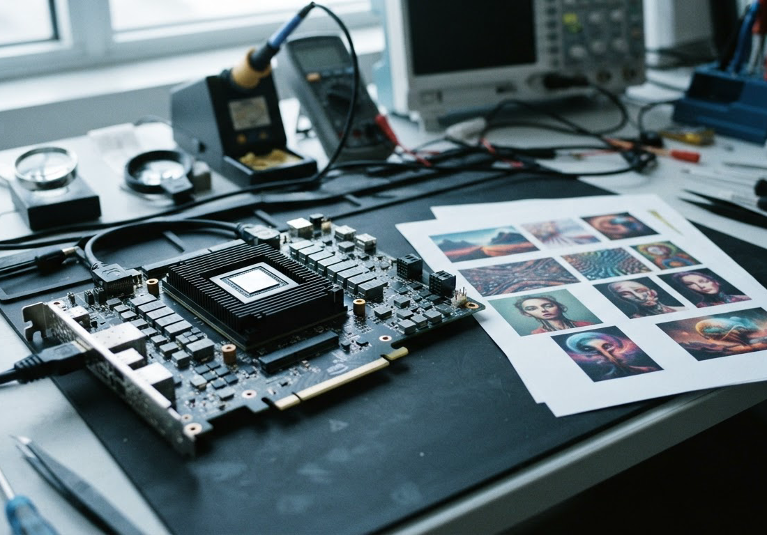 Placa de circuito com chip de acelerador sobre bancada de engenharia, ao lado de folhas impressas com imagens variadas, sob luz lateral fria
