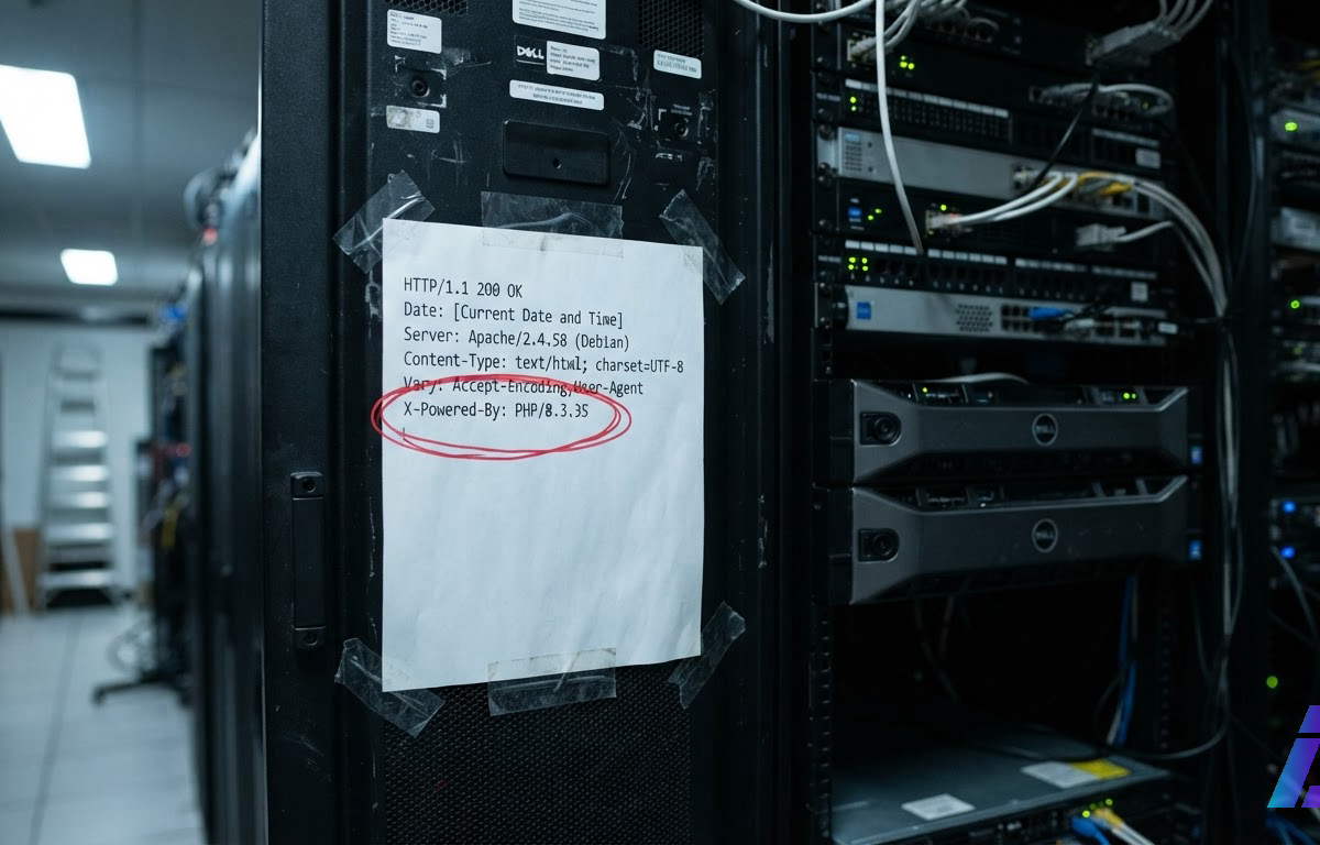 Folha impressa com cabeçalho HTTP e a linha X-Powered-By: PHP/8.3.35 circulada em vermelho, presa a um rack de servidor sob luz fria lateral