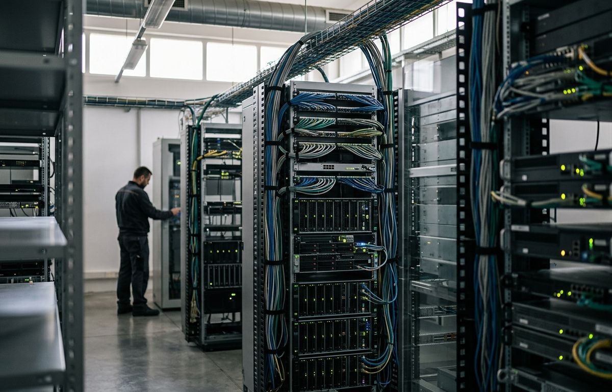 Corredor de centro de processamento de dados com fileiras de servidores em racks metálicos, cabeamento estruturado e pequenas luzes indicadoras acesas.