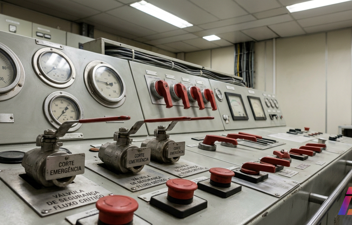Painel de controle industrial com medidores de pressão mecânicos, chaves seletoras e botões de parada de emergência sob iluminação técnica neutra.