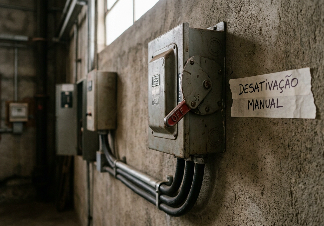 Painel elétrico de contenção em parede técnica clara, com disjuntores industriais e fiação grossa protegida por conduítes de aço galvanizado.