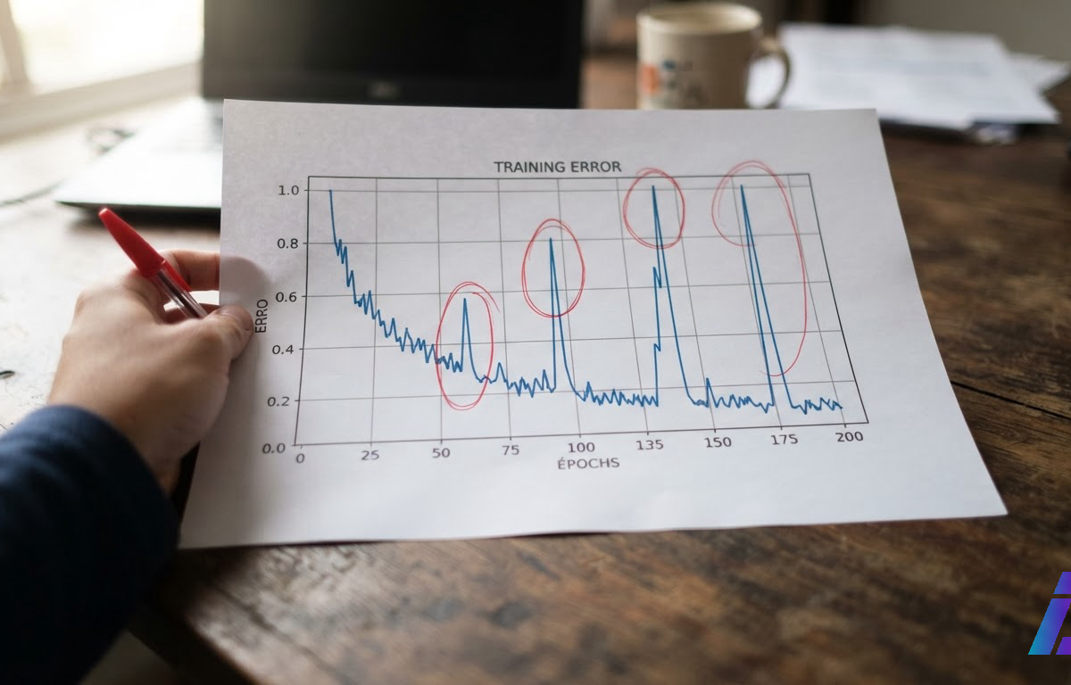 Folha impressa com gráfico de curva de erro de treinamento, com saltos repentinos circulados a caneta vermelha, sobre mesa de escritório sob luz lateral