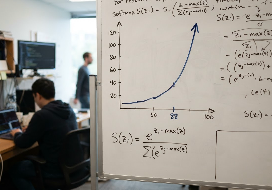 Quadro branco em escritório de pesquisa com uma curva exponencial desenhada à mão que dispara para cima a partir de certo ponto do eixo e, ao lado, uma fórmula do softmax escrita a caneta que subtrai o maior valor antes da exponenciação.