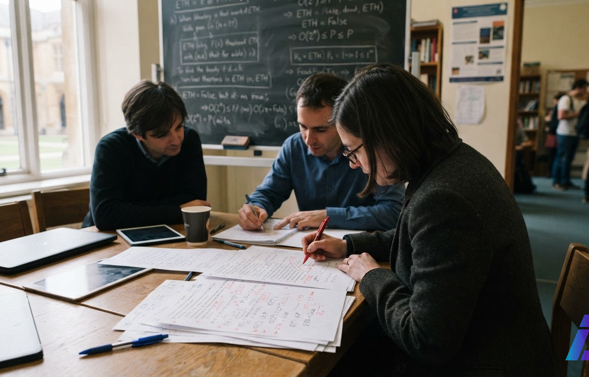 Mãos de acadêmicos fazem anotações à caneta em folhas impressas com provas matemáticas sobre uma mesa, com quadro-negro de sala universitária ao fundo sob luz natural