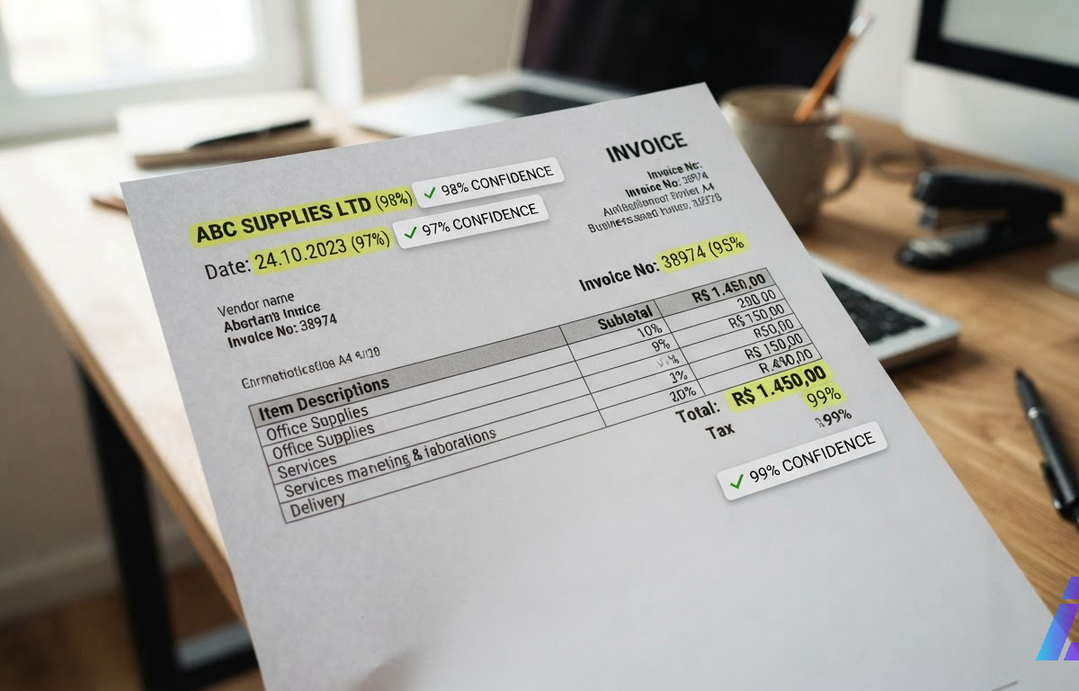 Fatura impressa sobre mesa de escritório sob luz natural, com data, valor e nome do fornecedor destacados em marca-texto e pequenas etiquetas de porcentagem ao lado de cada campo
