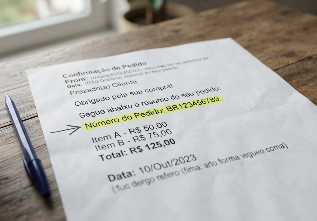 E-mail impresso sobre a mesa com um número de pedido destacado em marca-texto amarelo e uma seta desenhada a caneta na margem apontando para a linha onde ele aparece, sob luz natural lateral