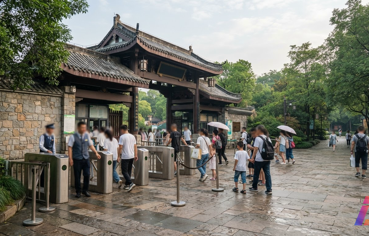 Portão de entrada de um zoológico em Chengdu, na China, com visitantes de costas passando pelas catracas sob a luz suave da manhã