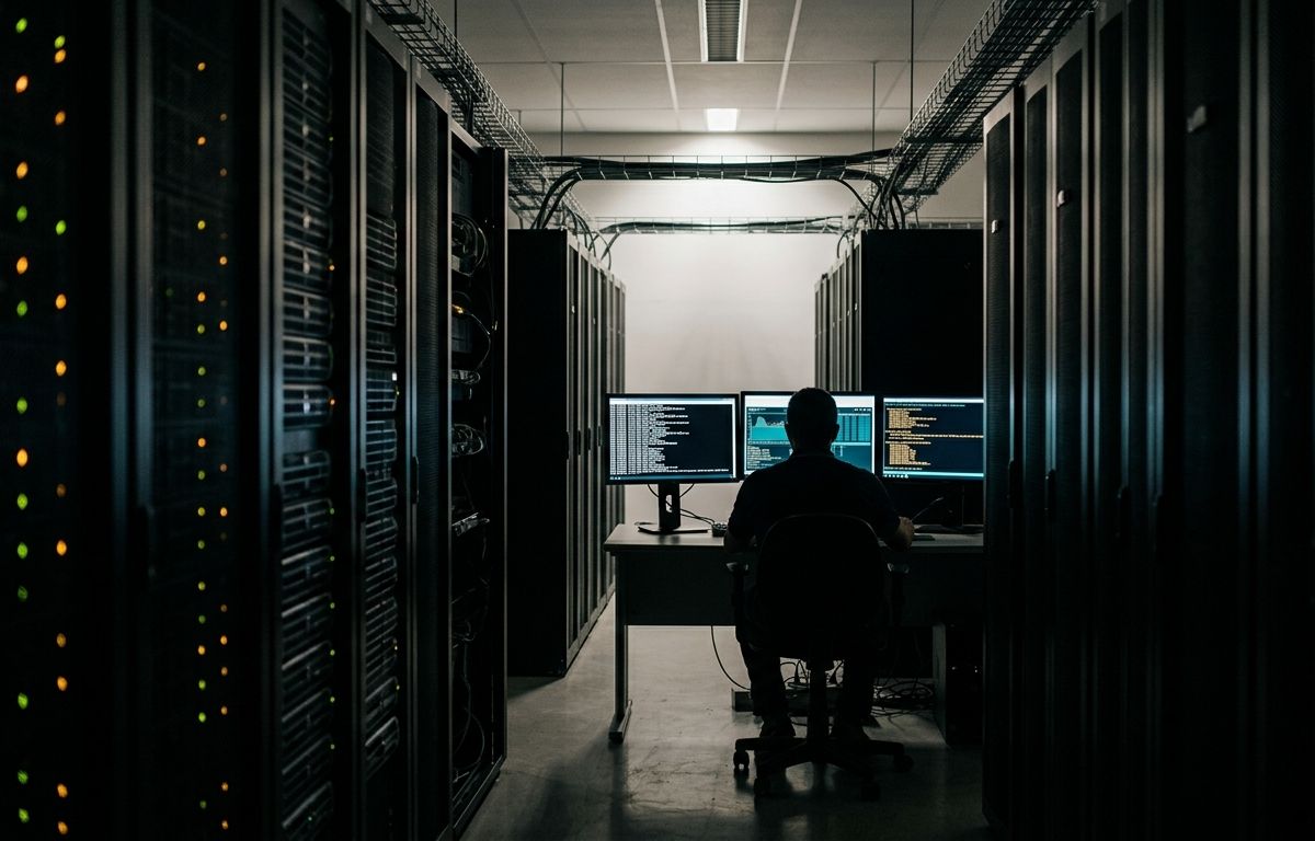 Corredor de data center com racks de servidores em perspectiva, luzes indicadoras e monitores com linhas de comando desfocadas ao fundo