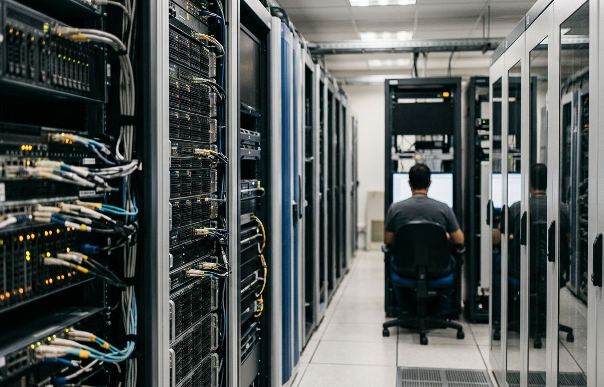 Fileiras de racks de servidores em operação contínua com indicadores luminosos discretos em um data center moderno
