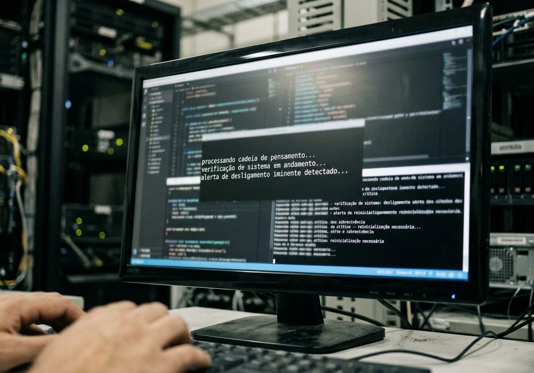Monitor de computador em mesa de escritório com reflexos suaves, exibindo blocos abstratos e desfocados de código e alertas de sistema com destaques em azul e âmbar