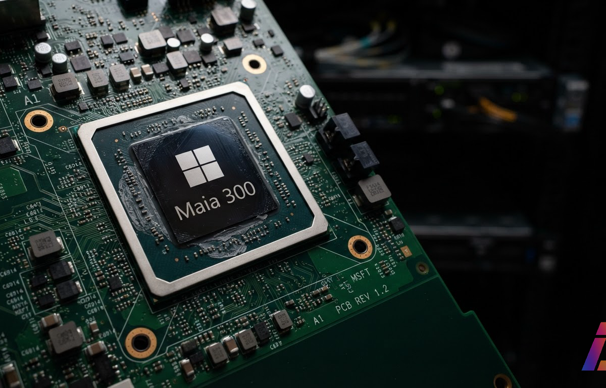 Close-up de um chip de silício retangular com gravação 'Maia 300' e o logotipo da Microsoft, montado em uma placa verde de servidor, sob luz de estúdio em fundo escuro.
