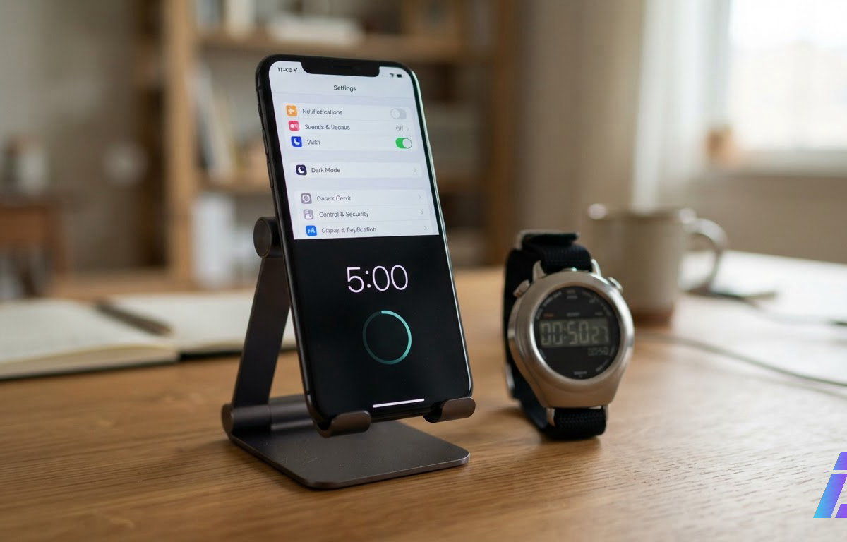Celular apoiado em um suporte sobre uma mesa, sem ninguém por perto, com a tela mudando para o tema escuro e um timer de cinco minutos sendo configurado; ao lado, um cronômetro digital marca 50 segundos