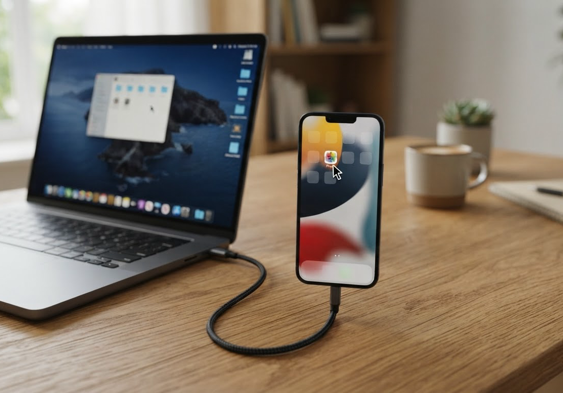 iPhone ligado por cabo a um MacBook sobre uma bancada iluminada por luz natural, com uma seta de mouse na tela do celular abrindo um aplicativo