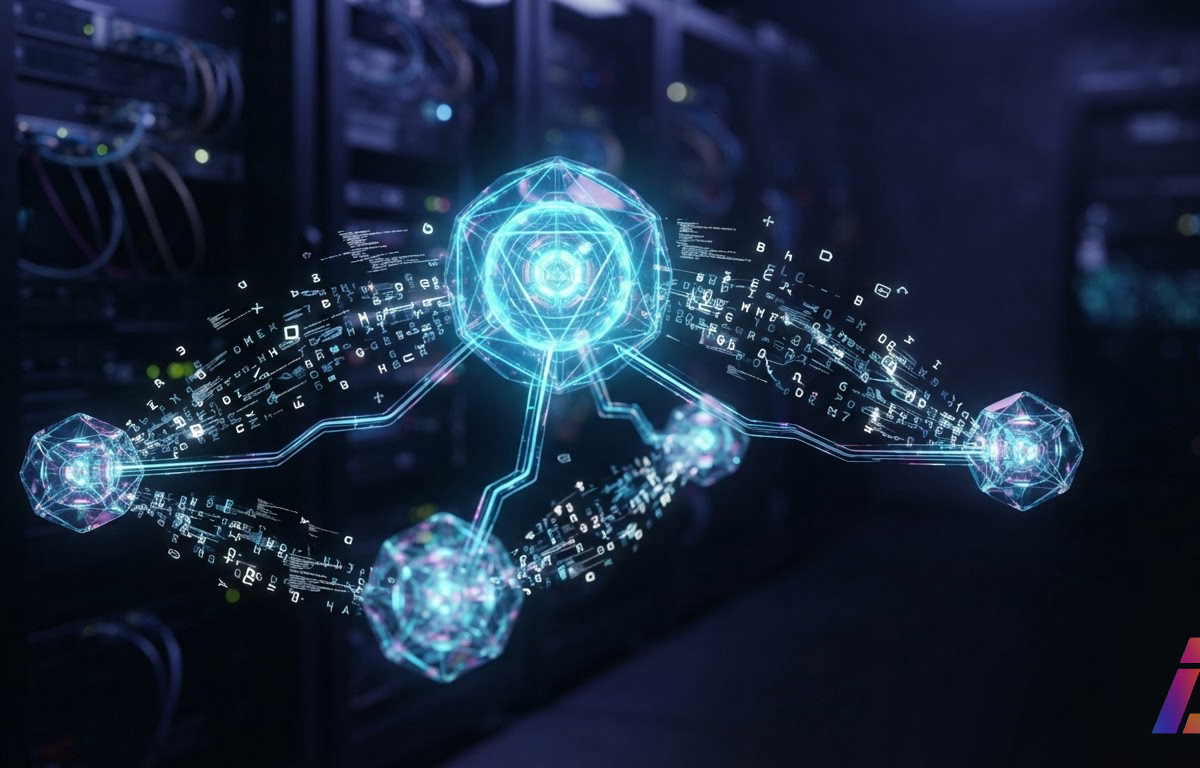 Agente central luminoso distribui tarefas a quatro agentes menores conectados por linhas de dados, com fragmentos de tokens escoando entre eles sobre fundo escuro
