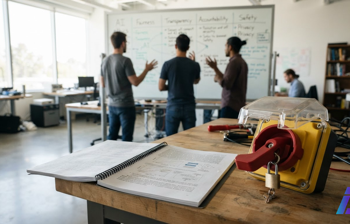 Em primeiro plano, um manual técnico impresso está aberto ao lado de uma chave geral de desligamento manual travada pela metade. Ao fundo, pesquisadores conversam diante de uma lousa de vidro dividida em cinco colunas em um escritório ilumi