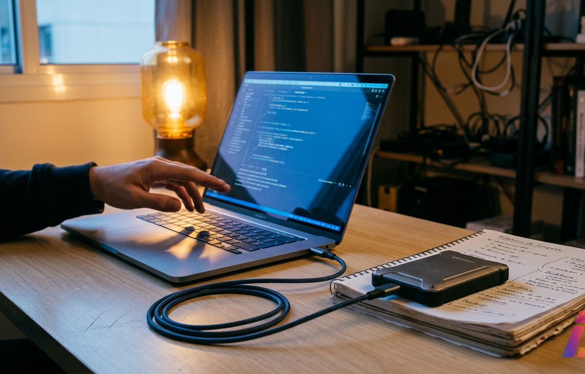 Fotografia editorial em ângulo de três quartos de um escritório doméstico ao anoitecer: MacBook aberto sobre mesa de madeira clara, com mão suspensa sobre o teclado em gesto de decisão, cabo USB-C trançado serpenteando até um drive externo