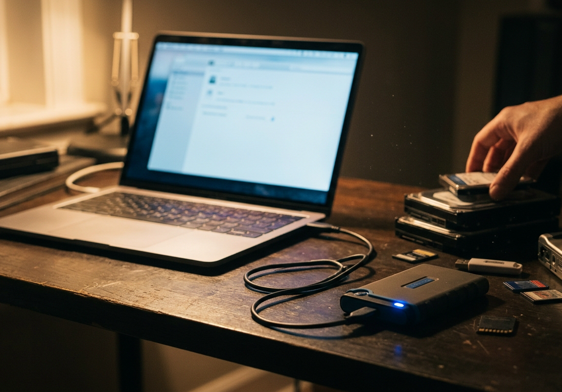 Fotografia noturna de uma escrivaninha de madeira escura em penumbra, com um MacBook aberto à esquerda cuja tela acesa brilha fora de foco, um cabo USB ligando o notebook a um pequeno drive externo em primeiro plano à direita com LED de ati
