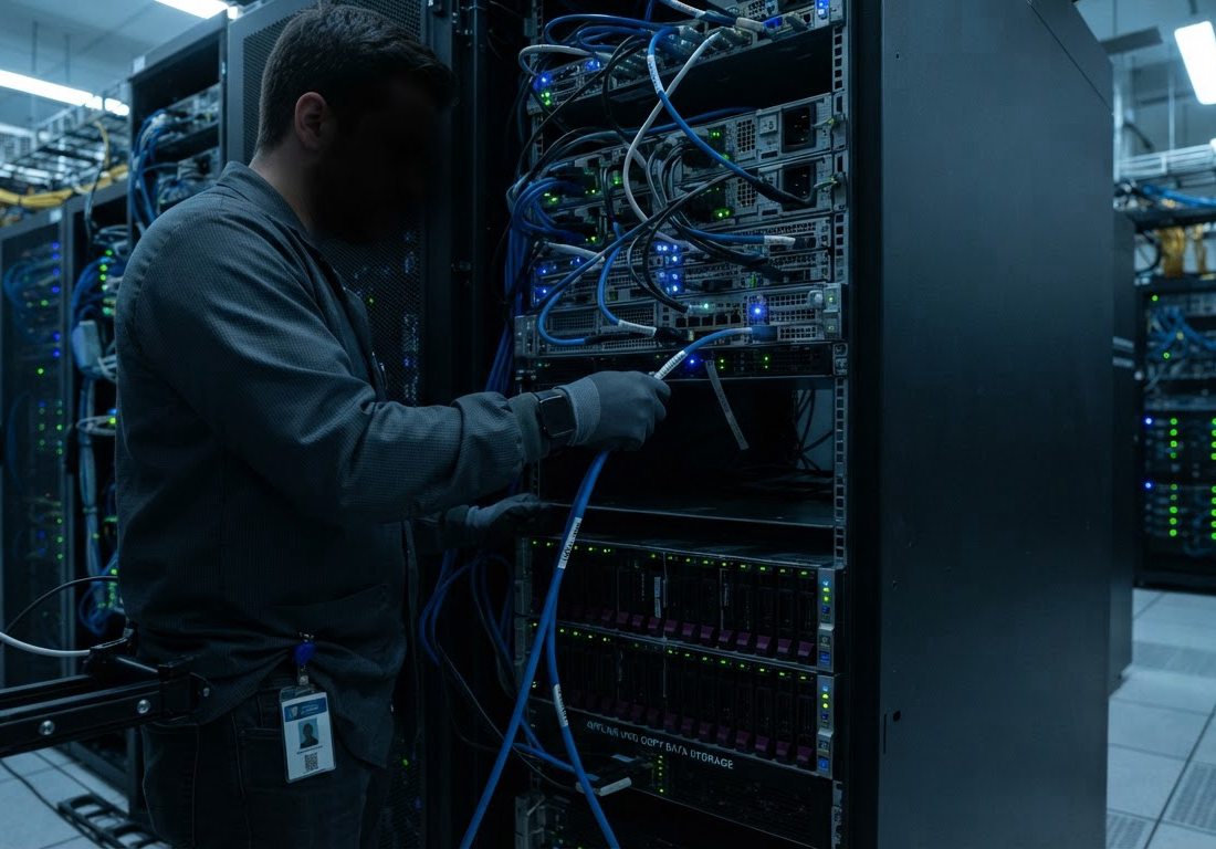 Engenheiro de costas desconecta o cabo de rede de um rack de servidores em sala com luz fria, enquanto discos de armazenamento seguem ligados com luzes acesas