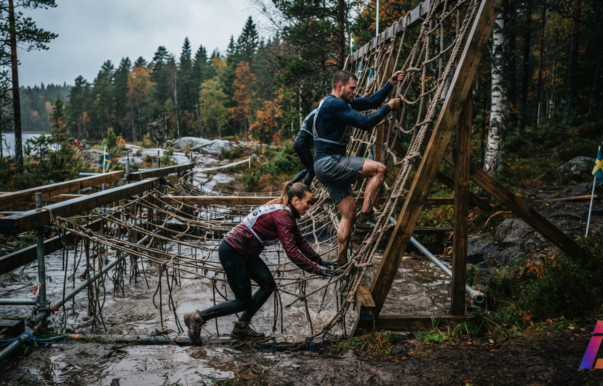 Competidores de reality show enfrentam obstáculo físico extenuante ao ar livre sob luz fria de outono nórdico na Suécia