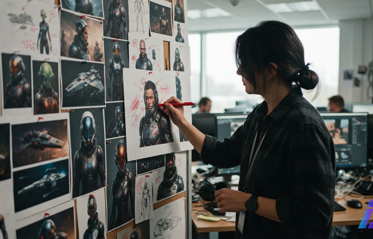 Diretor de arte marca com caneta vermelha impressões de heróis espaciais presas em um mural, em um estúdio de desenvolvimento de games