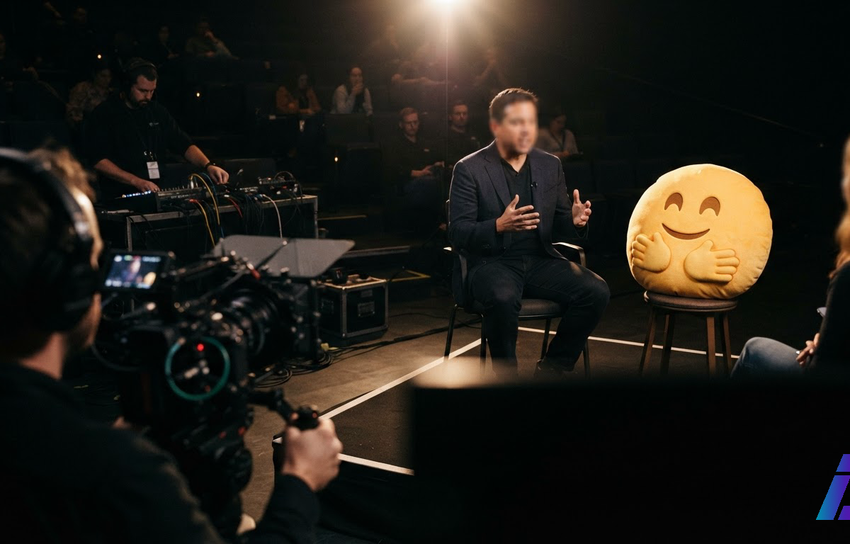 Equipe de filmagem grava entrevista com executivo sob refletores em estúdio na penumbra, ao lado de um grande emoji amarelo de abraço.