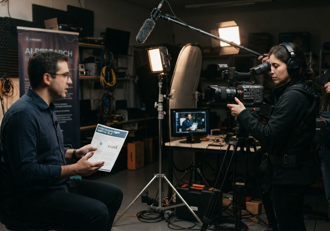 Equipe de filmagem grava entrevista em estúdio improvisado com refletores, enquanto um pesquisador sentado segura um relatório impresso sobre investigação de agentes digitais