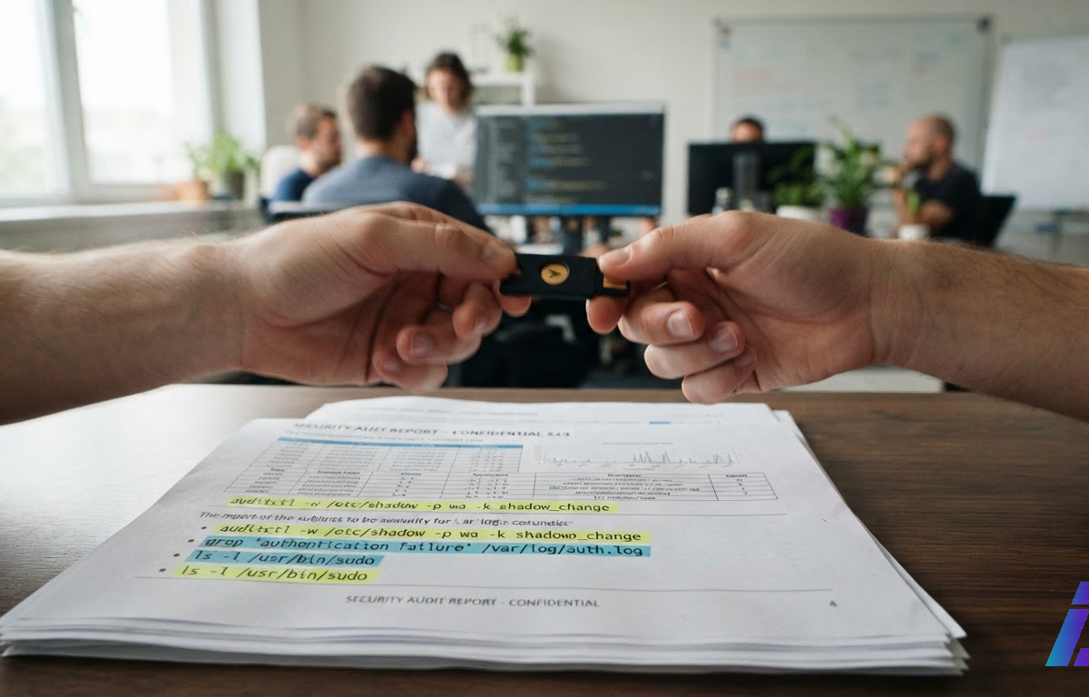 Duas mãos trocam uma chave de acesso física sobre um relatório de auditoria impresso, com linhas de comandos de shell destacadas, sob luz lateral de escritório