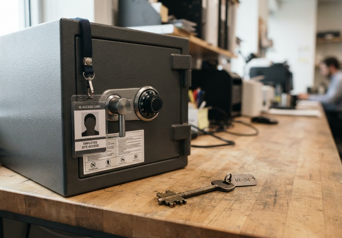 Crachá de credencial preso a um cofre trancado com etiqueta de permissões, ao lado de uma chave mestra solta sobre bancada de escritório sob luz lateral