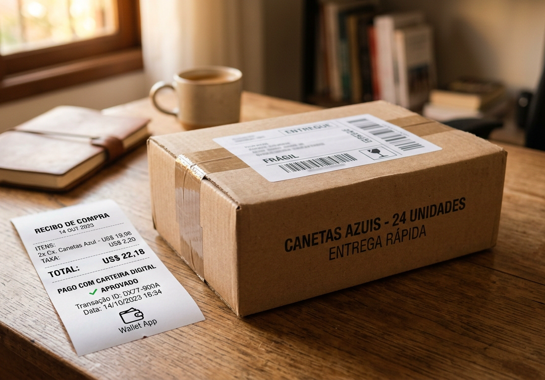 Caixa de canetas azul recém-entregue sobre mesa de escritório, ao lado de recibo impresso de US$ 22,18 com selo de pagamento por carteira digital, sob luz suave da tarde.