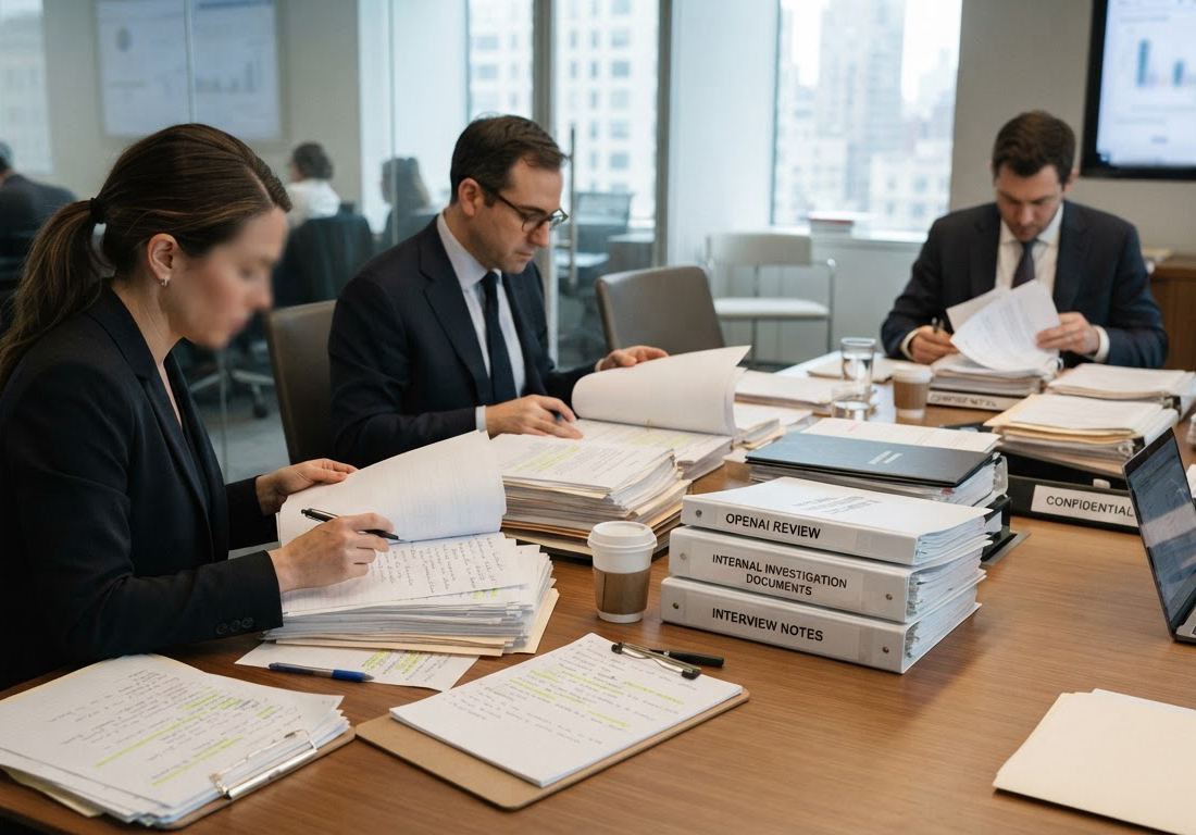 Advogados revisam pilhas de documentos e pranchetas de entrevistas sobre uma mesa de conferência iluminada, sem rostos identificáveis.