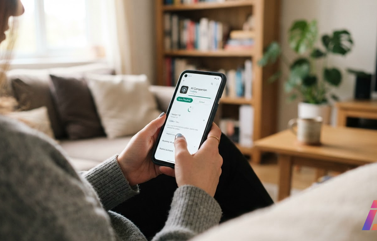Mãos seguram um smartphone com a tela do Google Play aberta durante a instalação de um aplicativo, em ambiente doméstico iluminado por luz natural.