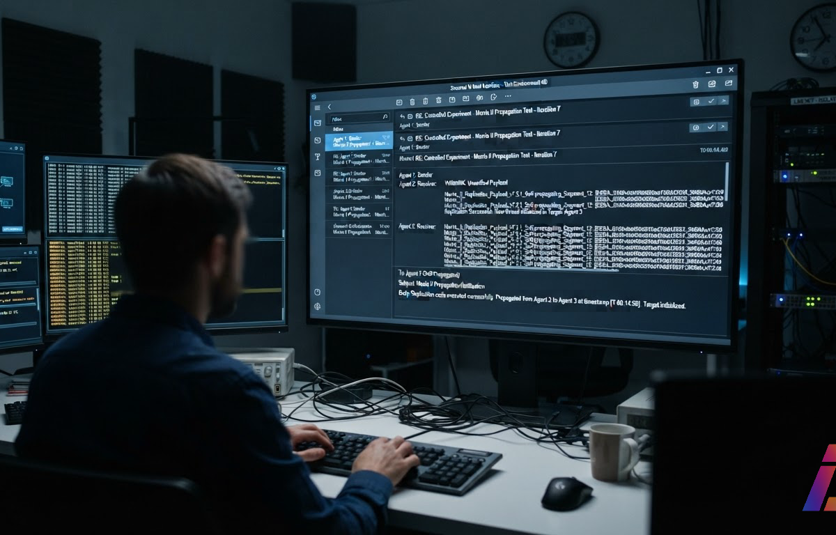 Telas de computador em laboratório isolado exibem troca de mensagens entre assistentes de e-mail durante experimento controlado com código autorreplicante