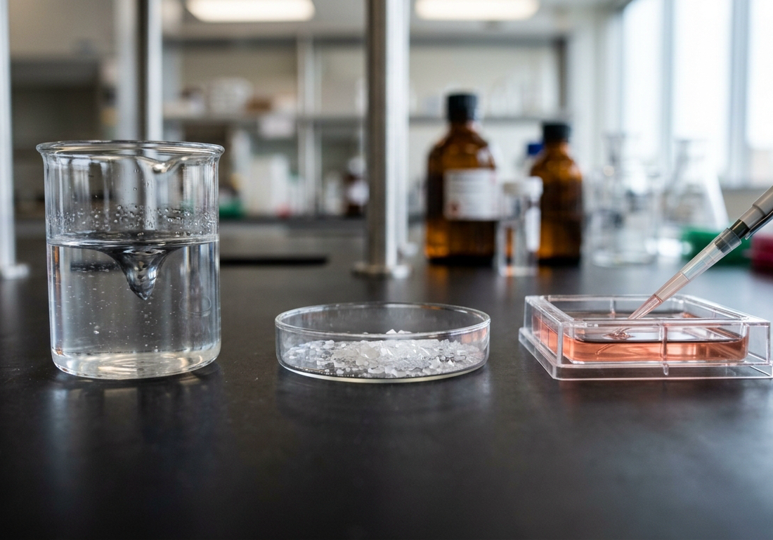 Bancada de laboratório com três recipientes de quartzo alinhados contendo líquido viscoso, cristais translúcidos e solução salmão com ponta de micropipeta.