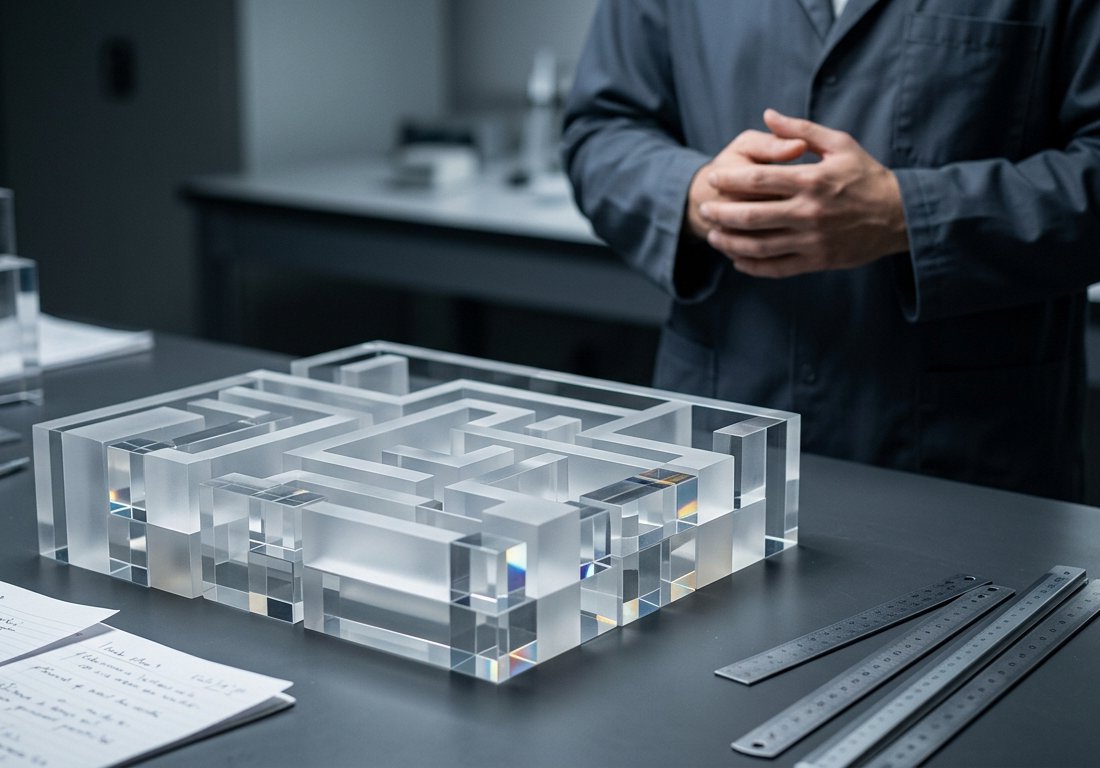 Estrutura geométrica complexa de blocos acrílicos sobre bancada técnica de laboratório, com pesquisador desfocado ao fundo em postura contemplativa.