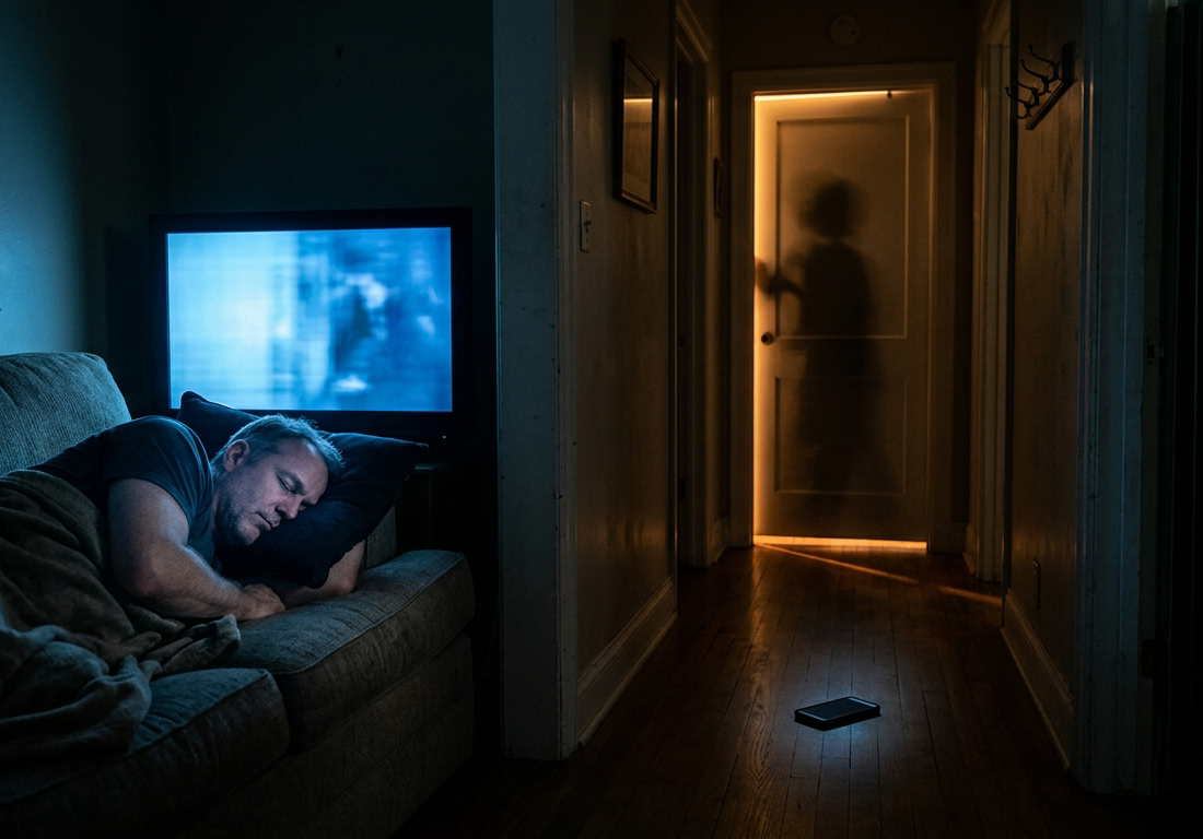 Fotografia noturna de interior de apartamento: homem de meia-idade dorme no sofá da sala diante de uma TV ligada sem som, iluminado apenas pela luz azulada da tela, com o rosto virado para o encosto. Ao fundo, um corredor escuro leva à port