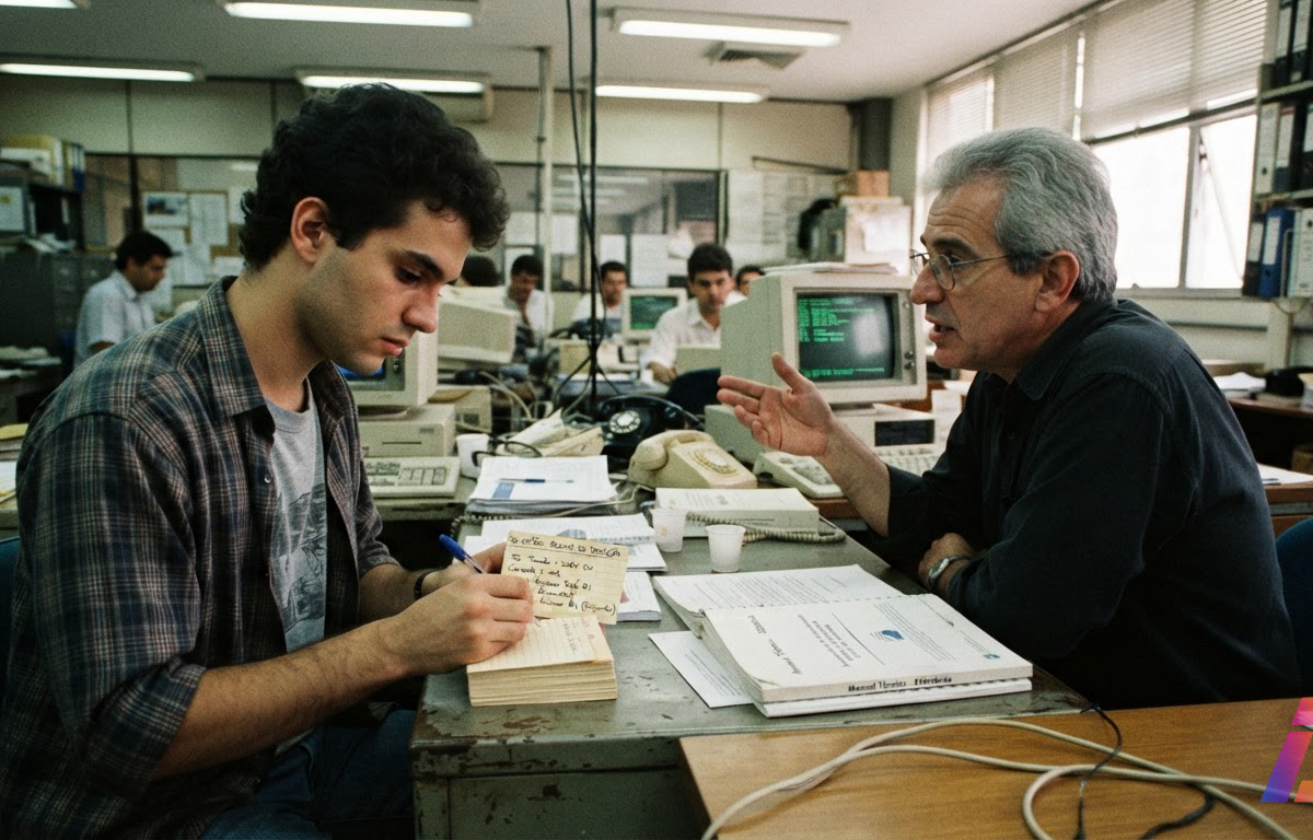 Engenheiro do conhecimento anota regras em fichas de papel enquanto entrevista um especialista grisalho em um escritório dos anos 1980 iluminado por luz fluorescente