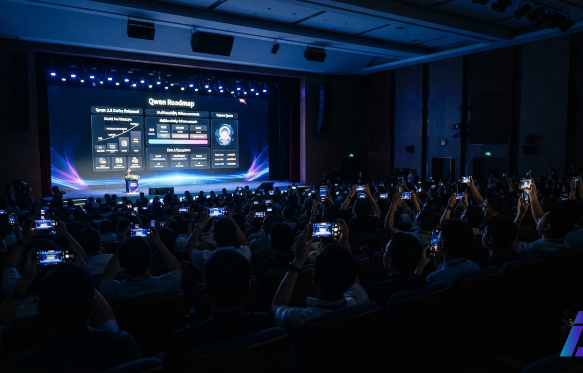 Plateia em auditório na penumbra azulada ergue celulares para fotografar um slide projetado no palco, com pessoas vistas de costas