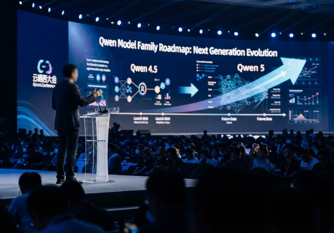 Executivo em palco iluminado apresenta para uma plateia lotada em auditório de conferência de tecnologia, com telão ao fundo e público de costas em primeiro plano