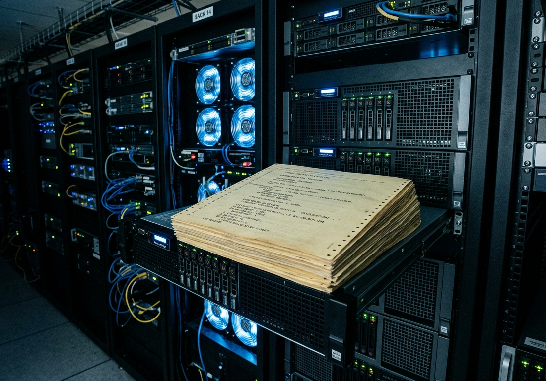 Sala técnica de órgão público com rack metálico aberto abrigando servidores torre de épocas diferentes, ligados por cabos que descem por duto de PVC na parede. Sobre mesa de fórmica encostada no rack, fitas de backup empilhadas, disquete so